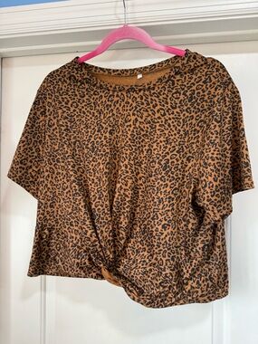 SHEIN Leopard Print Knot-Front Crop Top - Brown/Black 1XL